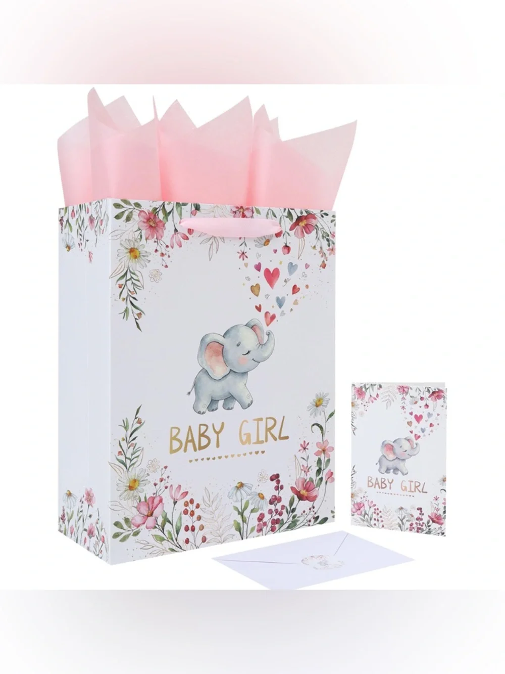 Baby Girl Gift Bag with Pink Tissue and Elephant Design